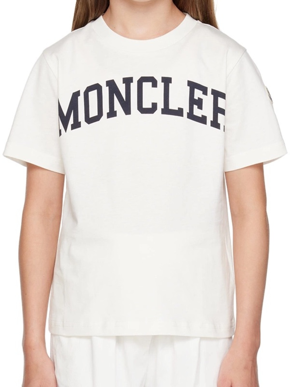 Kids Moncler White Tee with Navy Arch Logo